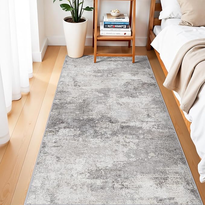 Abstract Runner Rugs 3x6 Washable Rug Non-Slip Hallway Carpet - Modern Neutral Kitchen Runners for Entryway, Bedroom, Laundry Room - Soft Low Pile Floor Mat 3x6 Grey