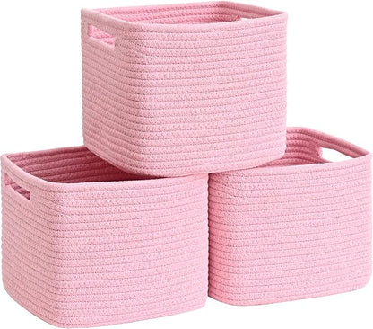 3 Pack Cube Storage Bin, 9”x9”x7” Cotton Rope Woven Baskets for Organizing Toys Clothes Towels, Square Gift Storage Baskets for Shelves, Nursery, Closet, Bathroom, Pantry (Pink)