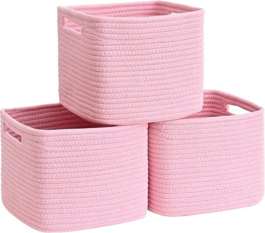 3 Pack Cube Storage Bin, 9”x9”x7” Cotton Rope Woven Baskets for Organizing Toys Clothes Towels, Square Gift Storage Baskets for Shelves, Nursery, Closet, Bathroom, Pantry (Pink)