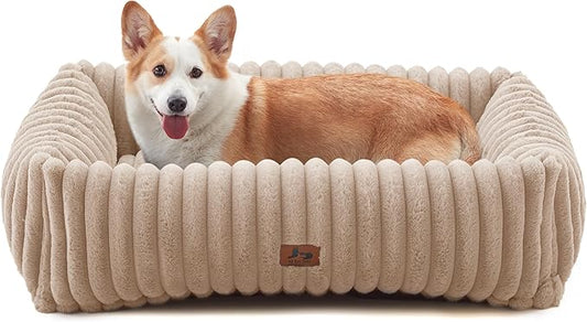Washable Dog Bed for Small Medium Dogs - Rectangle Orthopedic Corduroy Fleece Pet Bed with Removable Cover and Nonskid Bottom, Calming Puppy Bed Soft Pet Sofa, Camel(35x25x9inchs)