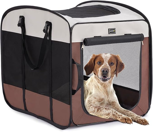 DONORO Dog Kennels and Crates for Medium Dogs, Portable Pop Up Indoor Pet Cage with Sturdy Wire Frame, Collapsible Travel Crate Soft Sided Cat Bag Escape Proof (Brown, 36.0" L x 23.0" W x 28.0" H)