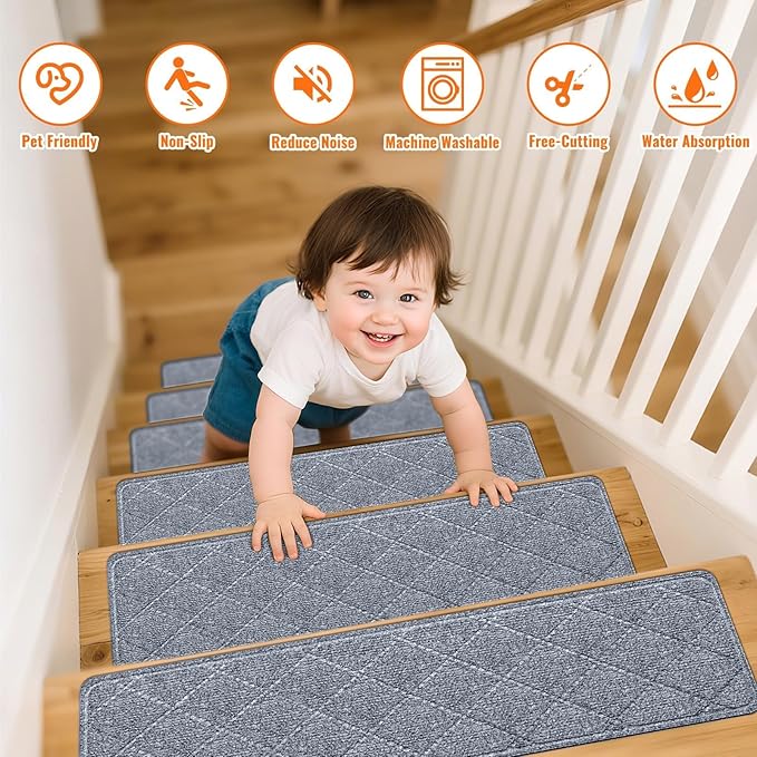 Stair Treads Non-Slip for Wooden Steps, 7Pack - 8" x 30" Edging Stair Runner Indoor for Kids Elders & Pets, Washable Carpet Stair Treads with Peel & Stick Reusable TPE Backing, Grey