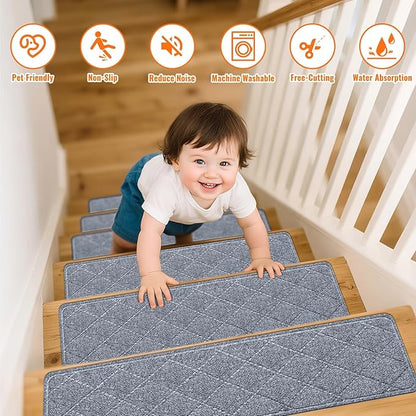 Stair Treads Non-Slip for Wooden Steps, 7Pack - 8" x 30" Edging Stair Runner Indoor for Kids Elders & Pets, Washable Carpet Stair Treads with Peel & Stick Reusable TPE Backing, Grey