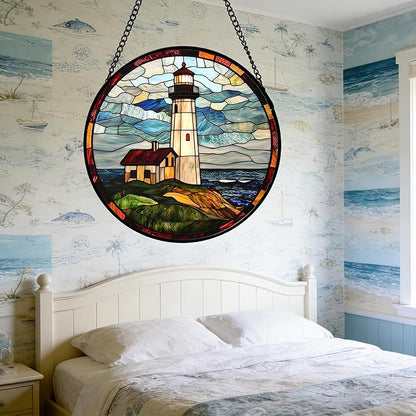 Stained Glass Window Hanging, Ocean Lighthouse Sun Catchers Glass Panel Blue Green Suncatcher Decor for Birthday for Women, Men, Wife, Aunt, and Mom 6.3 in