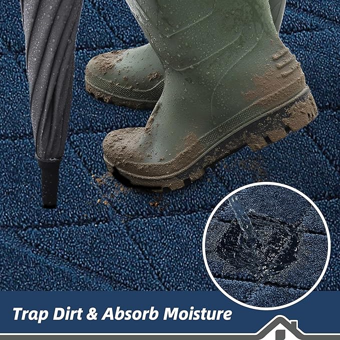 BEQHAUSE Dirt Trapper Door Mat 24" x 60", Doormat Non-Slip Entryway Rugs Washable, Dog Door Mat Stain Resistant and Absorbent Welcome Floor Mat for Front Back Door, Mud Wet Shoes & Paws, Navy Blue