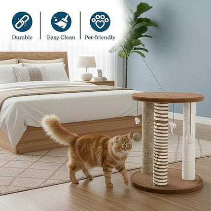 Cat Scratching Post - 3 Scratcher Posts with Carpeted Base Play Area and Perch - Furniture Scratching Deterrent for Indoor Cats by PETMAKER (Brown), Large