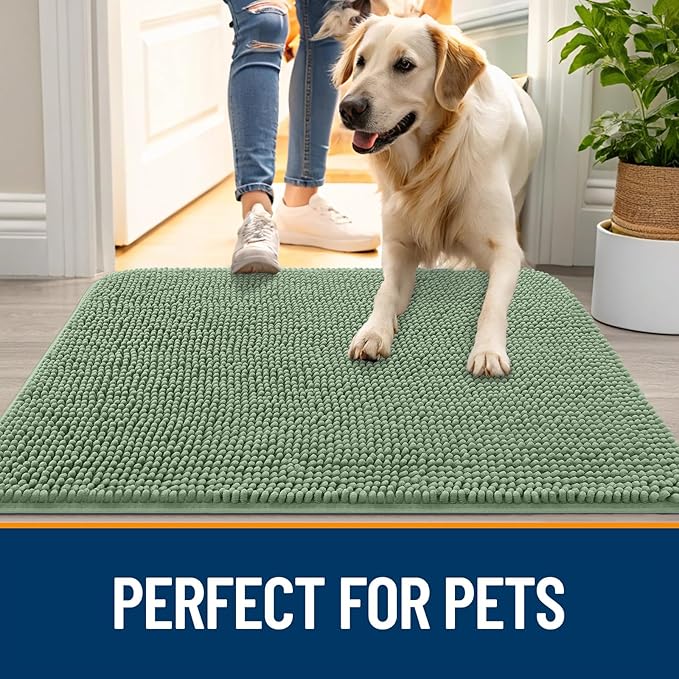 OLANLY Dog Door Mat for Muddy Paws 70x32, Absorbs Moisture and Dirt, Absorbent Non-Slip Washable Doormat, Quick Dry Chenille Mud Mat, Entry Indoor Entryway Carpet for Inside Floor, Olive Green