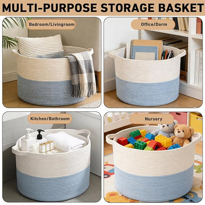 90L Large Blanket Basket,21.7"L x 21.7"W x 13.8"H Rope Woven Baskets with Handles, Toys Storage Bins,Laundry Basket Perfect for Living Room, Nursery,Bedroom,Home Organization,White&Blue