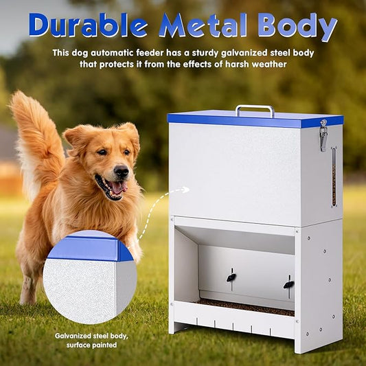 Galvanized Metal Pet Food Station for Indoor & Outdoor Use, Large Capacity Automatic Gravity Feed Dispenser Suitable for Small, Medium, and Large Dog Breeds (Blue)