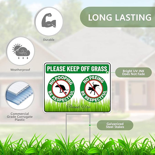 2PC No Poop or Pee Dog Sign with Stakes, 12 Inches by 9 Inches - Corrugated Plastic - Keep Dogs Off Lawn - Curb Your Dogs Grass Lawn Yard Repellent