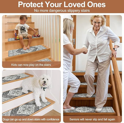 OJIA Stair Treads for Wooden Steps Non-Slip Landing Mat Stair Rug with Rubber Backing, Stair Runner Matching Mat Safety Rugs for Family, Absorbent Washable 31x31 inch, Gray