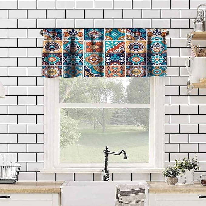 Mexico Fiesta Valance Curtains Blue Mexican Fiesta Dia De Los Muertos Pattern Window Treatment Valances Short Curtains Rod Pocket Drape for Dining Room Home Kitchen Decor, 54x18inch