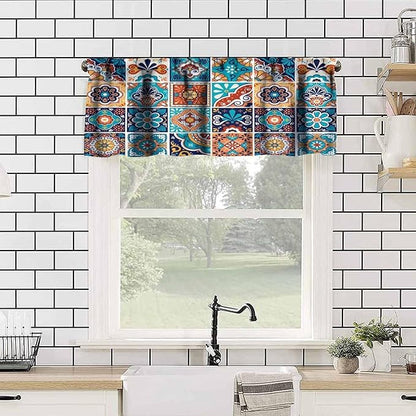 Mexico Fiesta Valance Curtains Blue Mexican Fiesta Dia De Los Muertos Pattern Window Treatment Valances Short Curtains Rod Pocket Drape for Dining Room Home Kitchen Decor, 54x18inch