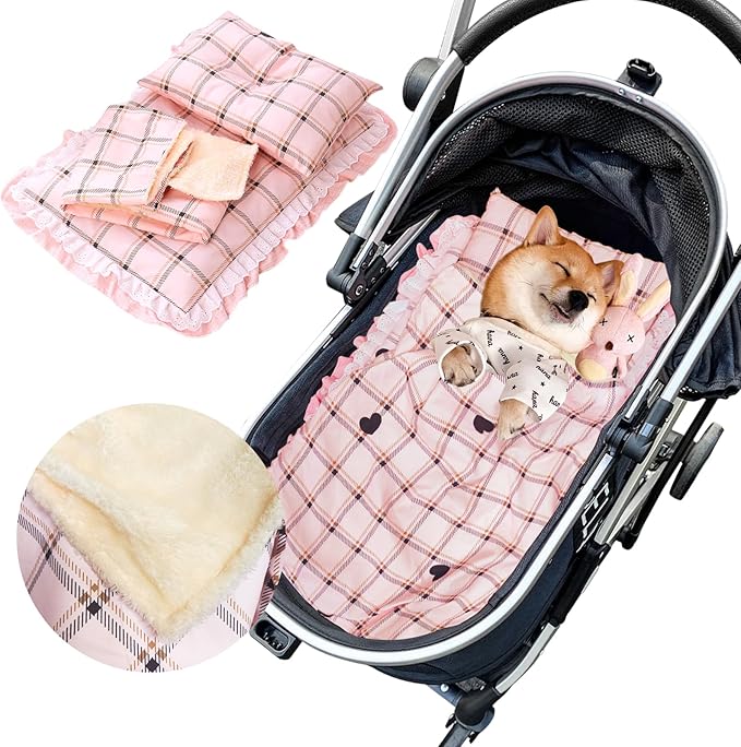 Pet Stroller Pad, Anti-Slip Bottom, Removable & Washable Dog Pillow & Quilt Set (Pink)