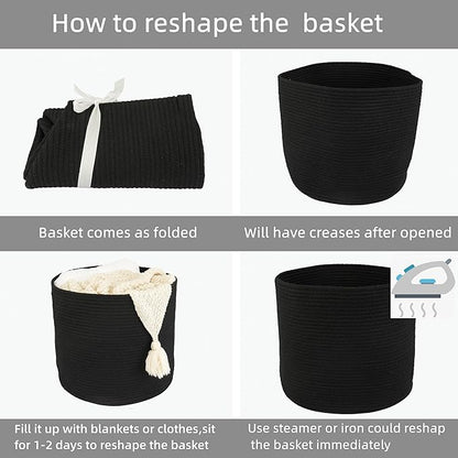 Cotton Rope Basket For Girls Boys Kids 16”X14” Baby Laundry Basket Nursery Bin Round Woven Baskets Organizer For Storage Toys Blankets Shoes Clothes black