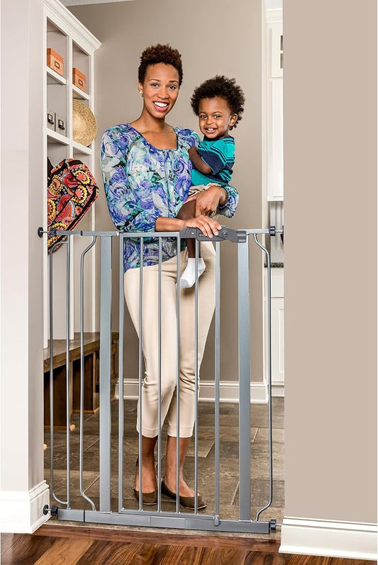 Regalo Safety 36” Extra Tall Baby Gate for Doorways & Bottom of Stairs, Pressure Mounted Baby Gate with Door for Babies, Toddlers & Pets, Tested & Safe, American Designed and Owned, Platinum