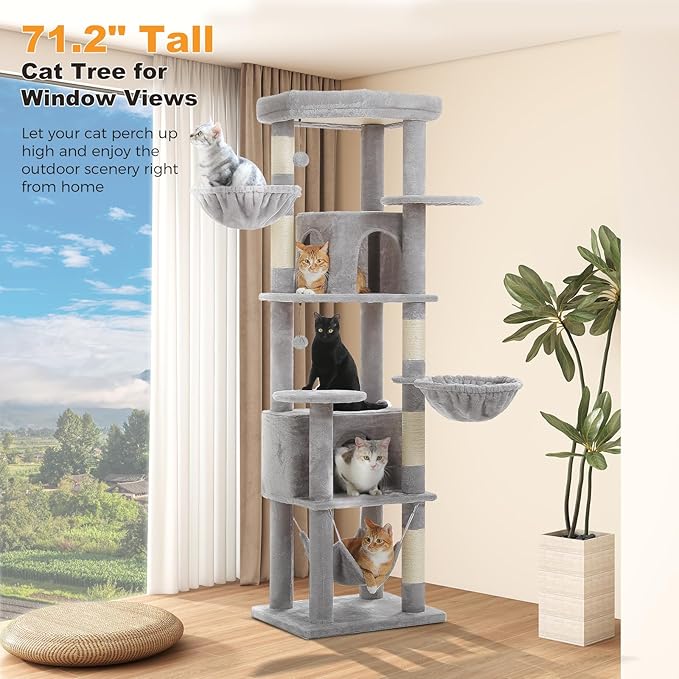 MUTTROS 71.2" Tall Cat Tree for Indoor Cats - 9-Level Multi-Cat Tower w/5 Sisal Scratching Posts, 2 Condos, 3 Hammocks, Perch & Pom Poms - Heavy-Duty for Adult Cats, Space-Saving Plush Gray