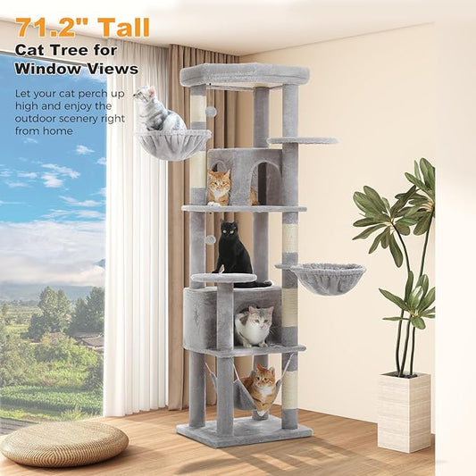 MUTTROS 71.2" Tall Cat Tree for Indoor Cats - 9-Level Multi-Cat Tower w/5 Sisal Scratching Posts, 2 Condos, 3 Hammocks, Perch & Pom Poms - Heavy-Duty for Adult Cats, Space-Saving Plush Gray