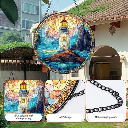 Stained Glass Window Hanging, 7.8″ Pauyadu Lighthouse Sun Catchers with Hook Indoor Window Decor, Decorative Suncatchers Hanging Ornaments Home Garden Art Gift for Housewarming