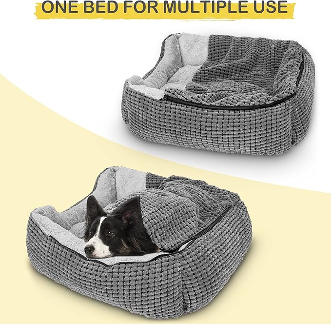 GASUR Dog Beds for Small Medium Large Dogs with Cover Cave, Rectangle Hooded Dog Puppy Bed with Blanket, Cozy Anti-Anxiety Cat Beds for Indoor Cats, Anti-Slip Bottom and Machine Washable (20", Grey)