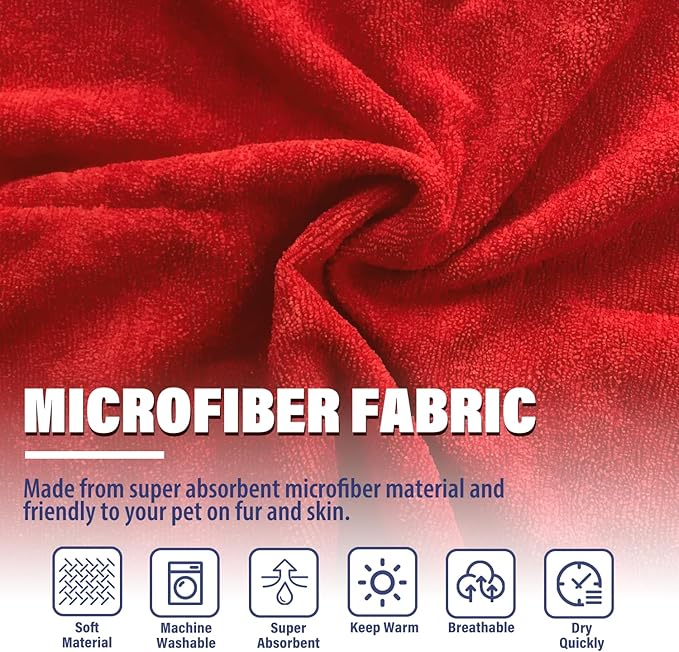 Dog Drying Coat - Fast Drying Dog Towel Robe - Microfiber Super Absorbent Pet Bathrobe, Adjustable Collar & Belly Strap Fast Drying Bath Robe Towel (Small, Red)