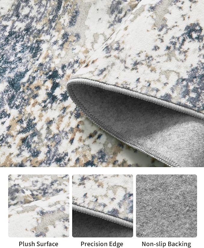Art&Tuft Runner Rug 2'6x10' - Anti-Slip Backing Abstract Hallway Rug, Stain Resistant Kitchen Rugs, Foldable Machine Washable Area Rug(TPR18-Blue, 2'6x10')