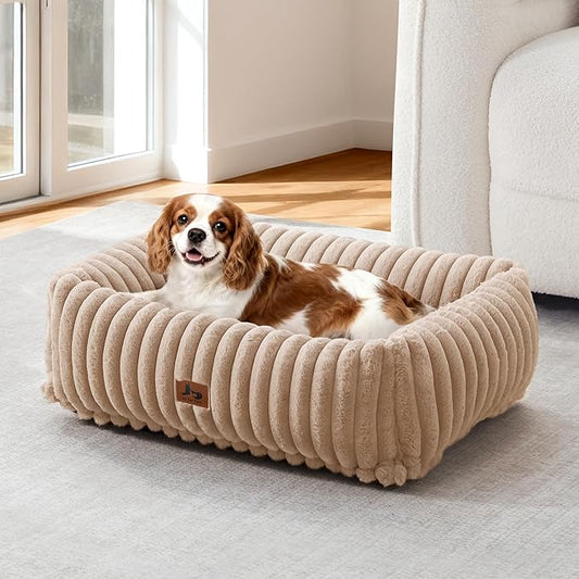 Washable Dog Bed for Small Medium Dogs - Rectangle Orthopedic Corduroy Fleece Pet Bed with Removable Cover and Nonskid Bottom, Calming Puppy Bed Soft Pet Sofa, Camel(25x21x7inchs)