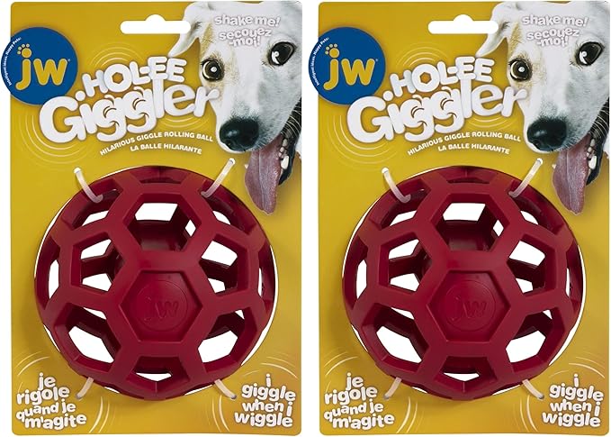 JW Pet HOL-ee Giggler Dog Toy Puzzle Ball, Natural Rubber, Medium (4.5 Inch Diameter), Red (Pack of 2)