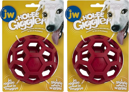 JW Pet HOL-ee Giggler Dog Toy Puzzle Ball, Natural Rubber, Medium (4.5 Inch Diameter), Red (Pack of 2)
