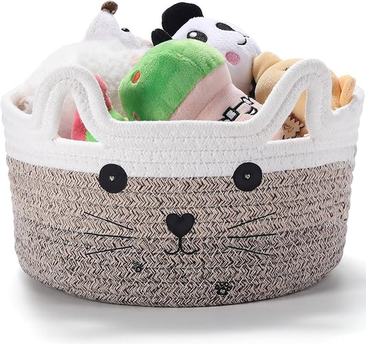 Zopeal Cat Basket Storage Woven Organizer with Ears Easter Decorative Pet Toy Cute Cotton Rope Basket for Gift Cat Dog Toy Bin Nursery Room(8.3 x 4.7 Inch,Gradient Khaki)