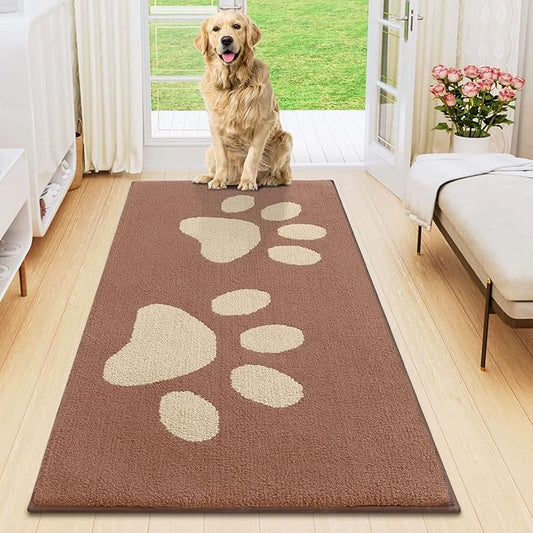 Smiry Dog Door Mat for Muddy Paws, Absorbs Moisture and Dirt, Low-Profile Entryway Mat with Non-Slip Backing, Entry Indoor Outdoor Doormat for Inside Floor (47x24 Inches, Camel, Paw)