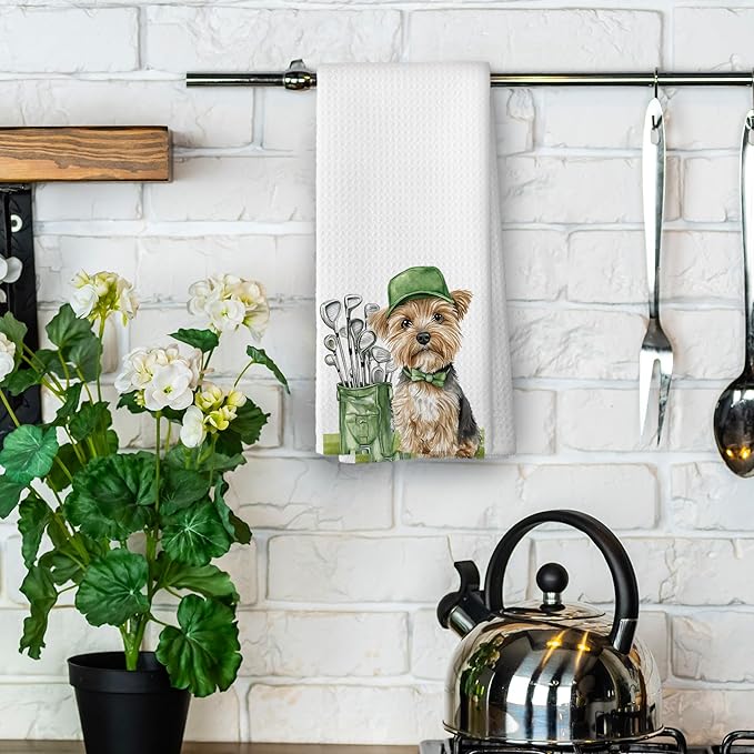 Golf Dog Kitchen Towels - Yorkshire Terrier Dish Towels, Sports Gifts, Pet Golf Club Decorative Absorbent Dishcloths Hand Towels for Kitchen Gym Spa Decor 16x24 Inches