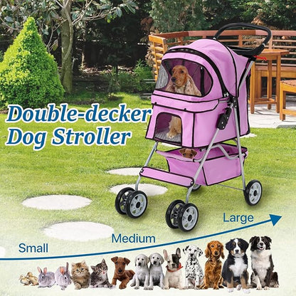 HHS Pet Stroller Cat Dog Strollers for Small Medium Dogs Double Puppy Doggie Carrier with Storage Basket and Cup Holder Foldable Travel Jogging Cart, Pink 17.5(L)*33(W)*38.6(H) inch