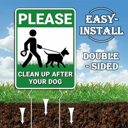 Clean Up After Your Dog Signs, 2 Pack Pick Up Dog Poop Yard Signs with Metal Stakes, Double Sided No Pooping Signs for Yard, UV Protected & Waterproof