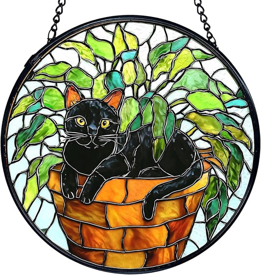 TNUW Black Cat Plant Stained Glass Window Hanging, Black Cat Botanical Sun Catchers Indoor Window Glass Round Wall Art Decor, Wall Hanging Decorations, 7.9＂x7.9＂