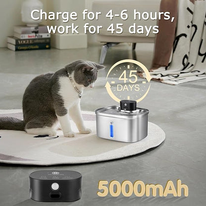 5L/169oz Automatic Stainless Steel Pet Water Fountain for Cats & Dogs, Cordless Cat Dog Drinking Fountain with 5000mAh Rechargeable Battery, Ultra-Quiet Pump & 3 Smart Modes