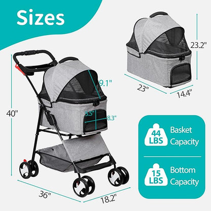 4 Wheels Foldable Pet Dog Cat Jogger Stroller Travel Carrier Strolling Cart w/Waterproof Cover Storage Basket Cup Holder & Detachable Carrier for Medium Small Cat Dog, Grey