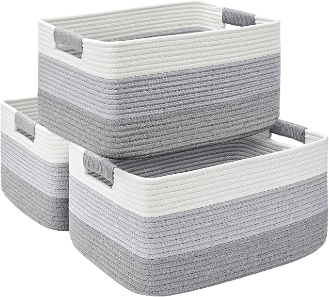3 Pack Large Storage Basket for Organizing, 17.5"x13"x7" Woven Basket for Shelves, Closet Cube Storage Bins with Wrapped Handle, Cotton Rope Baskets for Kitchen, Clothes, Toys(Gradient Grey)