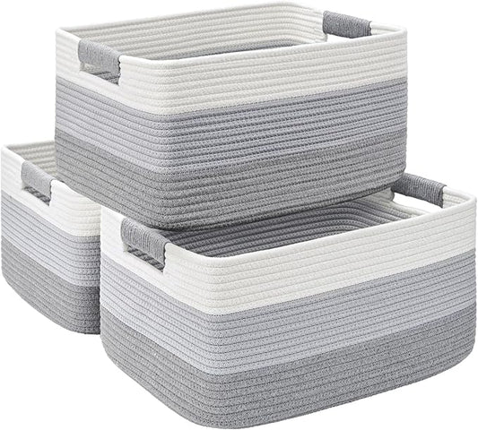 3 Pack Large Storage Basket for Organizing, 17.5"x13"x7" Woven Basket for Shelves, Closet Cube Storage Bins with Wrapped Handle, Cotton Rope Baskets for Kitchen, Clothes, Toys(Gradient Grey)