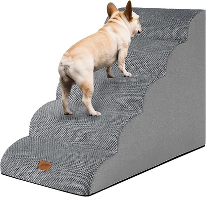 GoGoBunny Ramp Dog Stairs for High Beds 24.4" H, 5-Step Extra Wide Dog Slope Stairs with Durable Waterproof Fabric Cover, Pet Steps for Old Large Dogs Climbing, Non-Slip Sturdy Indoor Step, Grey