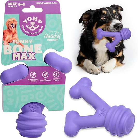 Yomp FunnyBone MAX: All-Natural Rubber Dog Toy, Nontoxic, Safe for Pet Play (Purple)