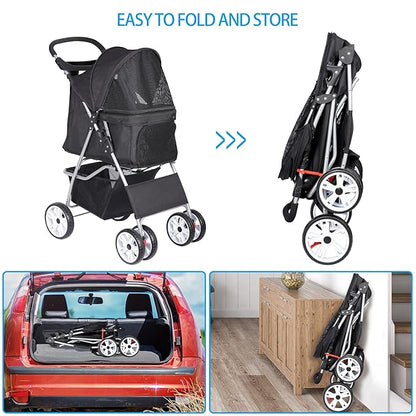 4 Wheels Foldable Pet Dog Cat Jogger Stroller Travel Carrier Strolling Cart w/Waterproof Cover Storage Basket Cup Holder & Removable Liner for Medium Small Cat Dog, Black