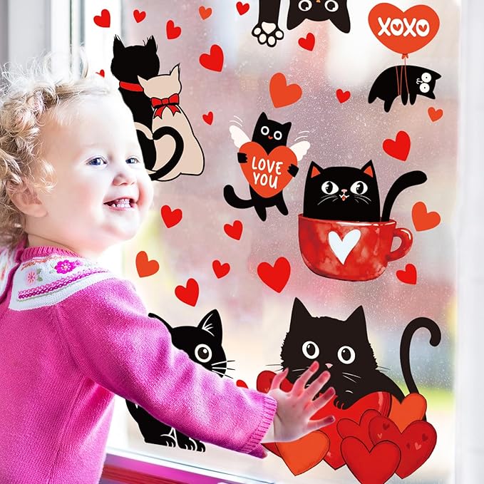 Whaline 6 Sheets Valentine' s Day Window Clings Window Decal Black Cat Red Love Heart Reusable Anti-Collision Windows Decor for Wedding Anniversary Home Party Supplies