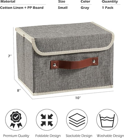 Storage Boxes with Lid Cotton Linen Fabric Storage Bins Organizer Container Decorative Collapsible Washable Shelf Baskets Faux Leather Handles for Home Bedroom Closet (Gray, Small Size)