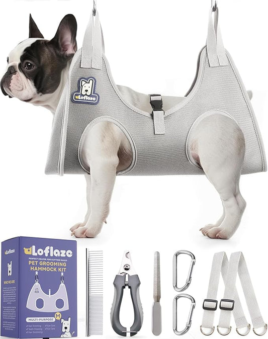 Dog Grooming Hammock Harness for Dogs & Cats with Pet Nail Clipper Trimmer - Cat Hanger Sling for Trimming Clipping Nails- Dog Hammock Restraint Bag for Small Medium Large pet （ Purple M）