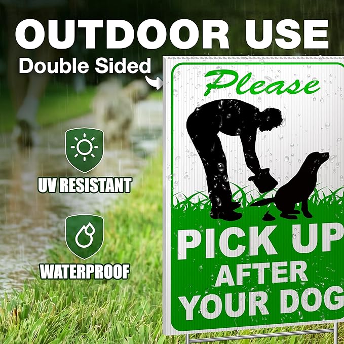 2 PC Pick Up After Your Dog Sign, 8x12 DS Coroplast Please Clean Up After Your Pet Sign with Stake for Lawn Yard