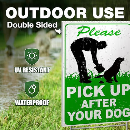 2 PC Pick Up After Your Dog Sign, 8x12 DS Coroplast Please Clean Up After Your Pet Sign with Stake for Lawn Yard