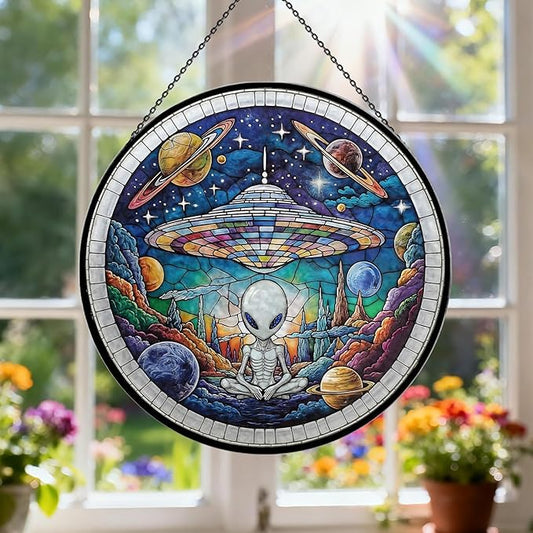 Alien Spaceship Stained Glass Window Hanging, 7.9" UFO Sun Catcher Glass Panel Boho Wall Art Decor, Hand Painted Round Ornament for Friends, Art Lover, Astronomer