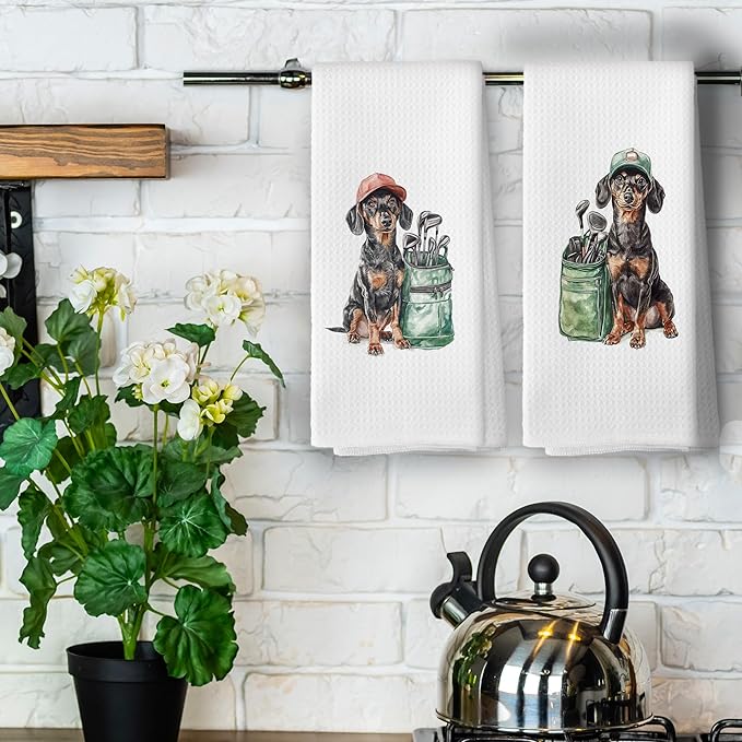 Golf Dog Kitchen Towels - Doberman Pinscher Dish Towels, Sports Gifts, Pet Golf Club Decorative Absorbent Dishcloths Hand Towels Set of 2 for Spa Kitchen Gym Decor 16x24 Inches