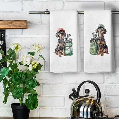 Golf Dog Kitchen Towels - Doberman Pinscher Dish Towels, Sports Gifts, Pet Golf Club Decorative Absorbent Dishcloths Hand Towels Set of 2 for Spa Kitchen Gym Decor 16x24 Inches